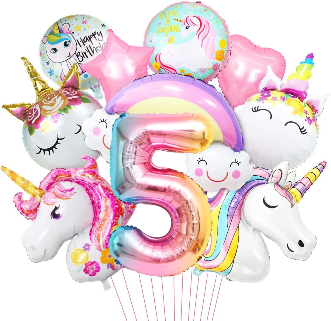 Aurasky Luftballon Einhorn 5 – 3D Folienballon-Set XXL mit Regenbogen, Stern, Herz & Einhorn-Dekoteilen
