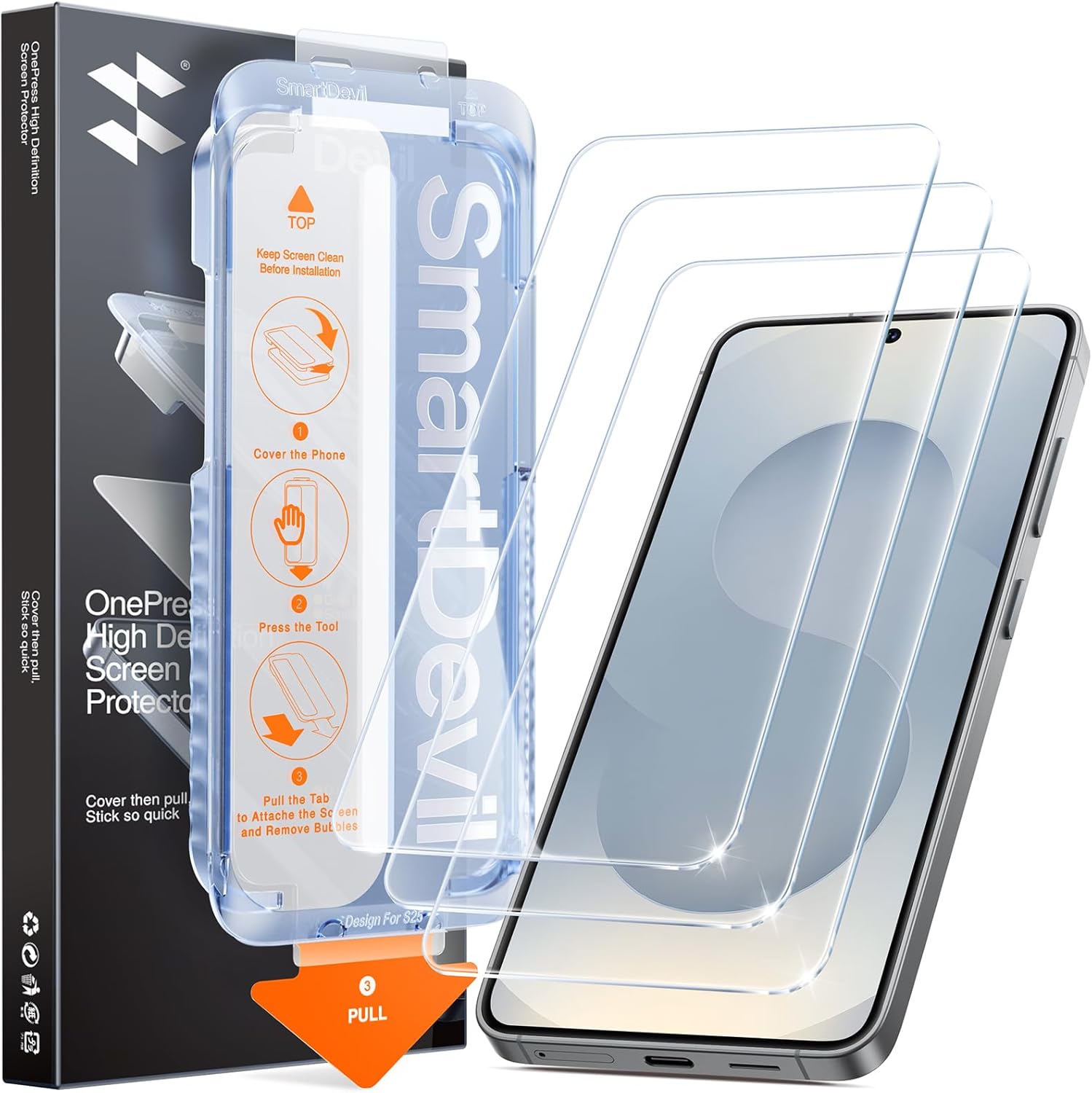 Detalle de SMARTDEVIL 3-Pack Tempered Glass Screen Protector for Samsung Galaxy S25/S24 (with fingerprint reader compatibility)