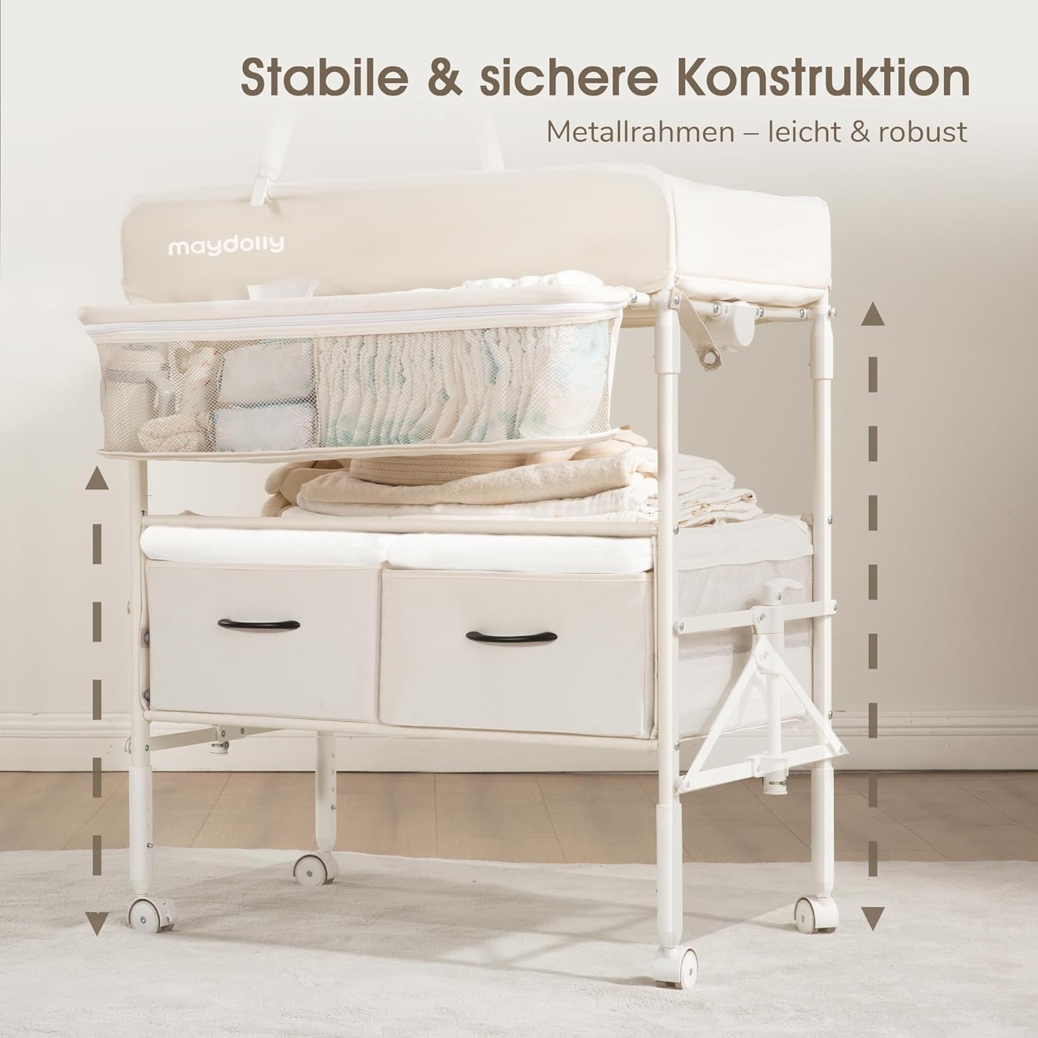 Detalle de Maydolly tragbarer Wickeltisch – faltbar, höhenverstellbar mit Rollen und Stauraum (beige)