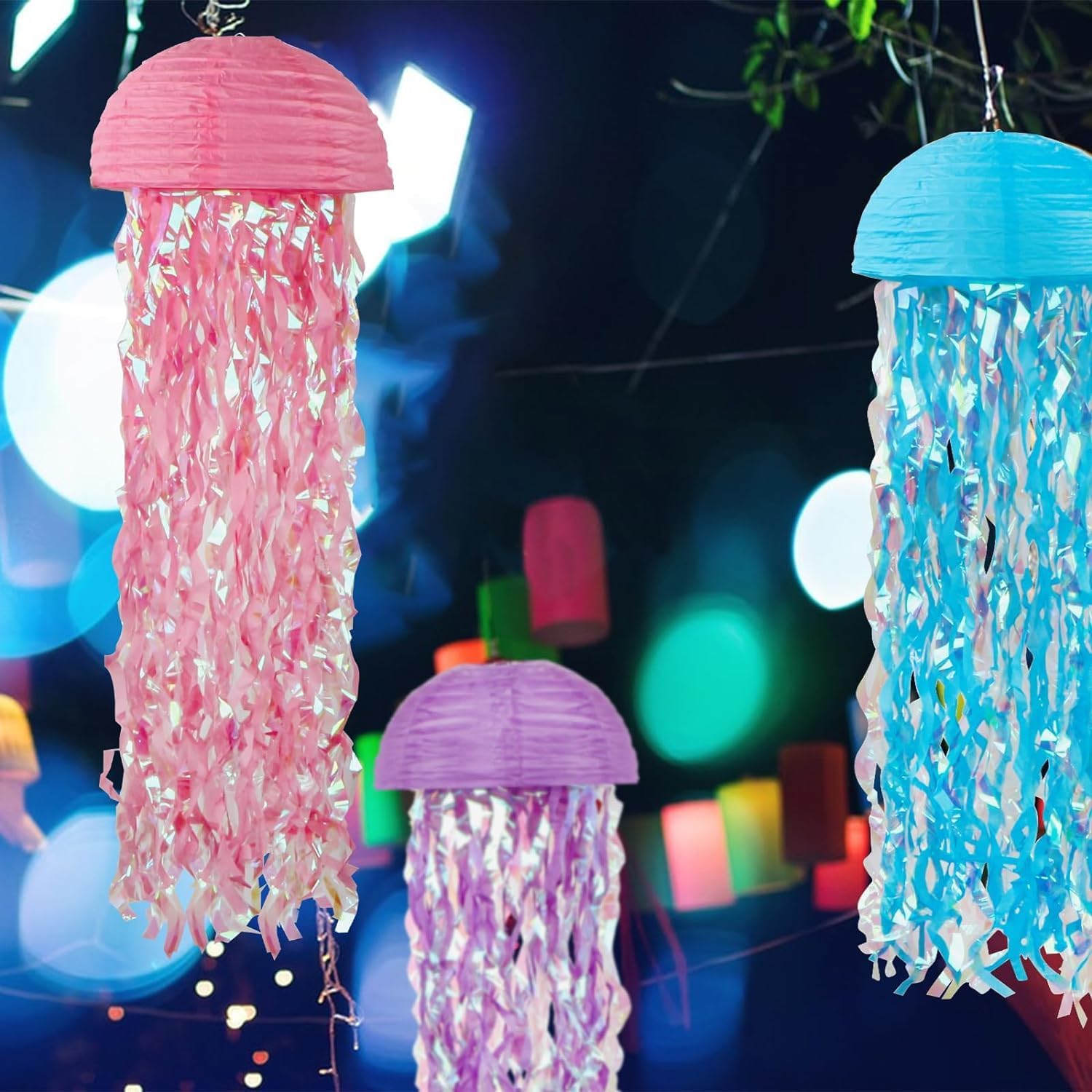 Detalle de Jellyfish Paper Lanterns Hanging Jelly Fish Paper Lanterns (6-Pack) – Pink, Purple & Blue Ocean Theme Party Decor