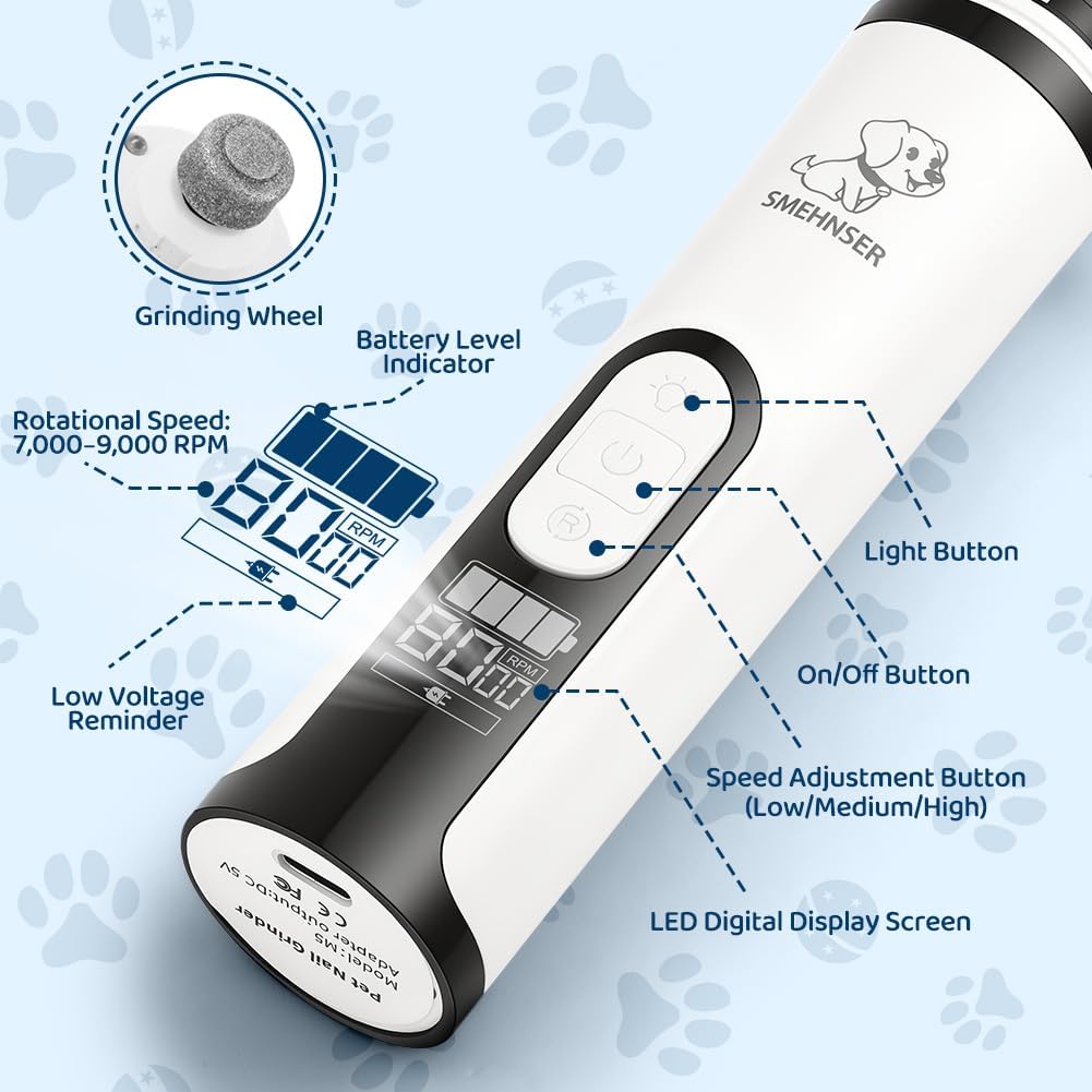 Thumbnail 2 de Aolso Lime à Ongles pour Chien et Chat — Ponceuse rechargeable silencieuse, 3 vitesses, LED, 2 têtes de rechange (Blanc)