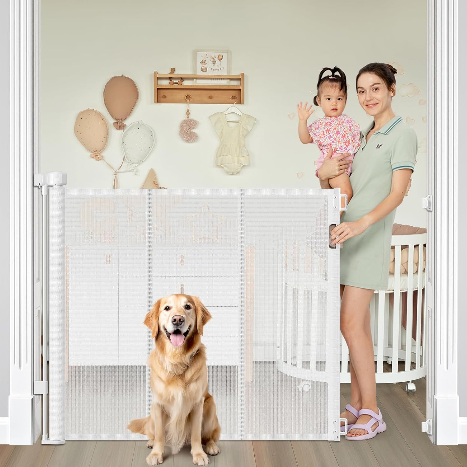 Detalle de Bingguz AKTDWP6K 42-Inch Retractable Baby Gate, Reinforced Mesh, Double Lock
