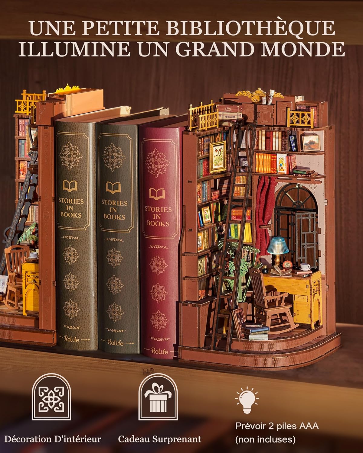 Thumbnail 4 de Rolife Book Nook Silent Corner Study : kit DIY en bois miniature avec lumières LED pour étagère