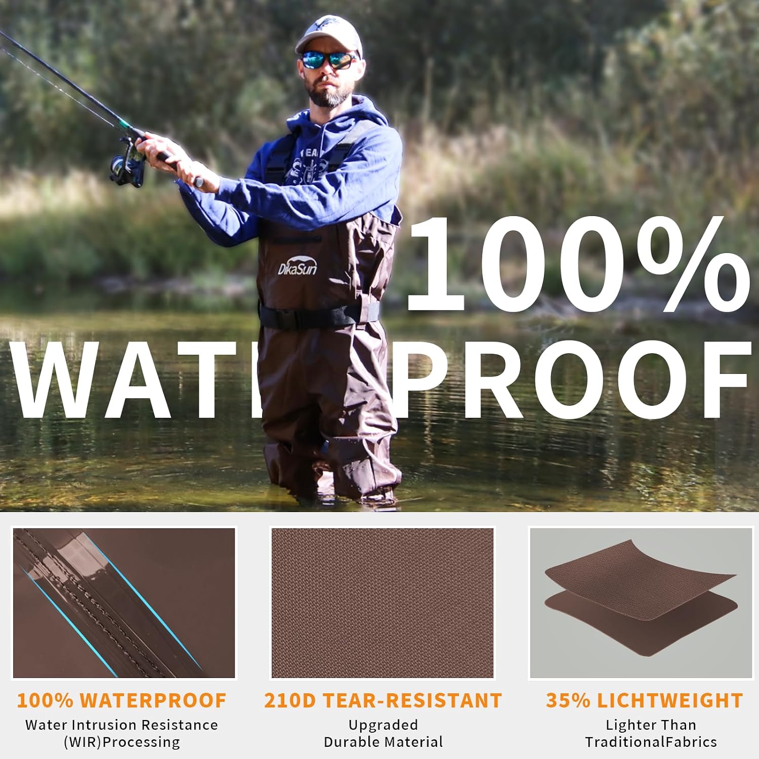 Thumbnail 2 de DikaSun Fishing Chest Waders, Waterproof 2-Ply Nylon/PVC Bootfoot, Brown, M9/W11