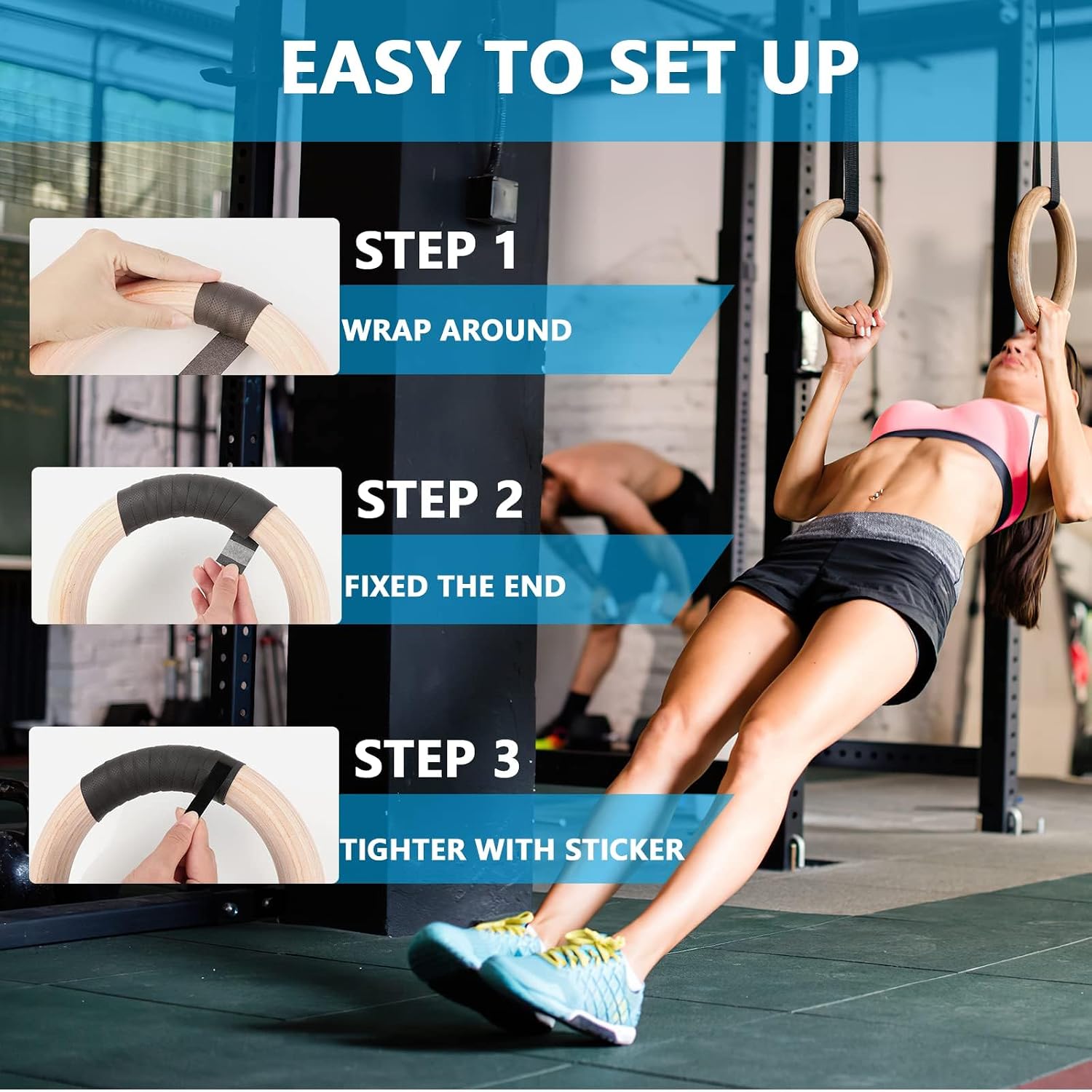 Thumbnail 2 de LIFERUN houten gymnastiekringen, 28 of 32 mm, met gripbanden en verstelbare straps