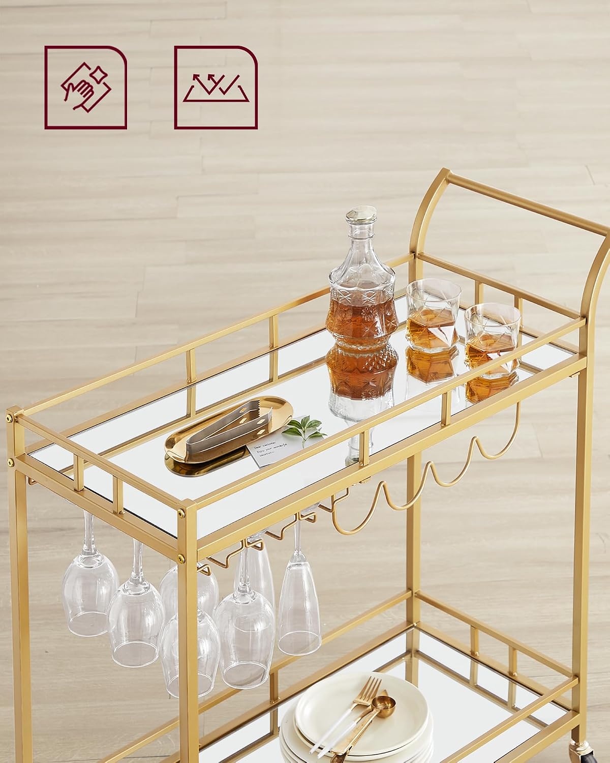 Thumbnail 3 de VASAGLE Baris LRC090A03 Drinks Trolley, 2-Tier Mirrored Glass, Antique Gold