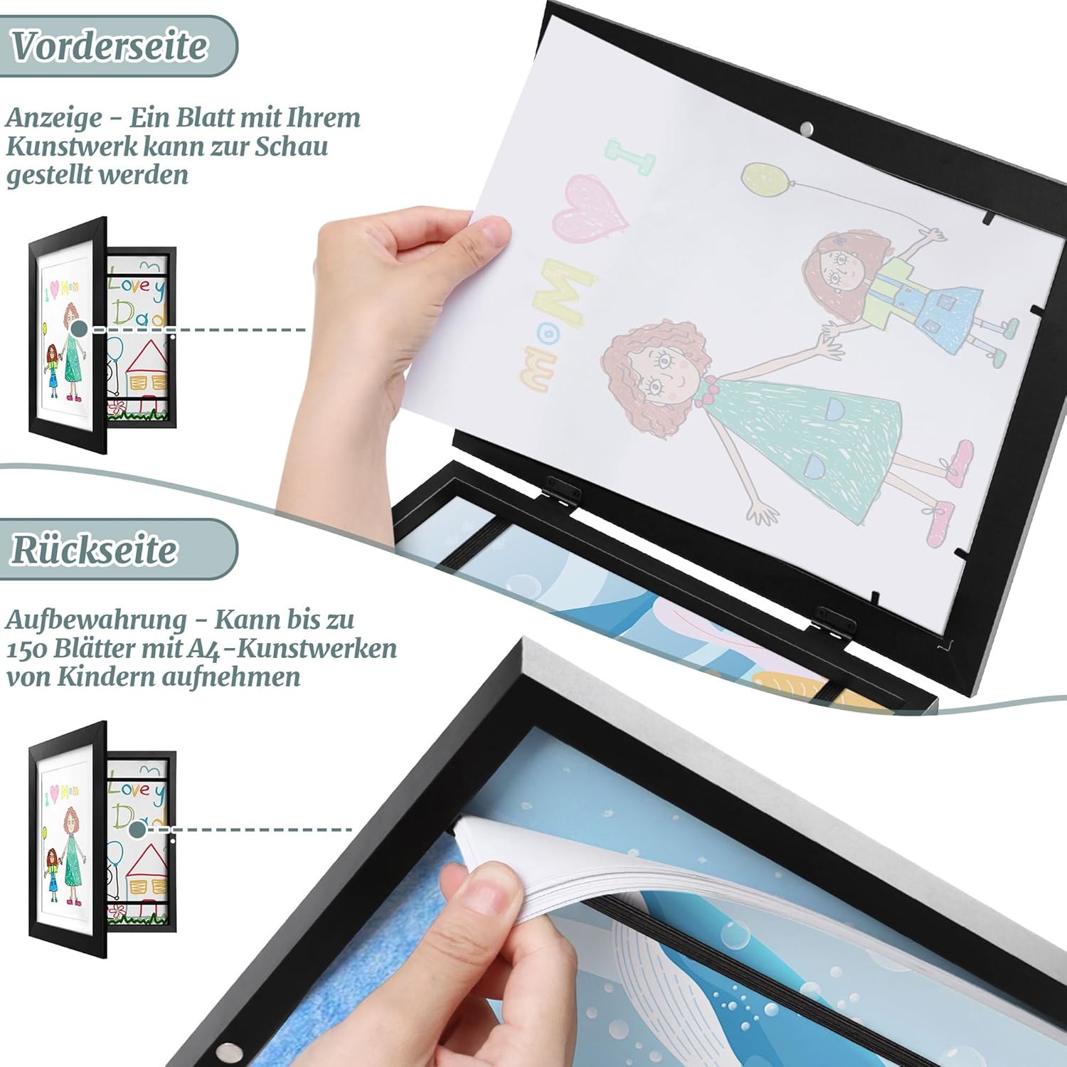 Thumbnail 3 de Vantimo Cadre photo A4 Dessin Enfant avec rangement jusqu’à 150 œuvres – présentation et stockage des dessins