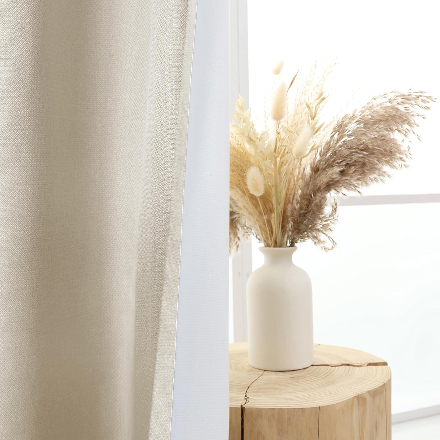Detalle de L.Z.E Verdunkelungsvorhänge Beige/Creme – 2er Set, 132 cm Breite, Leinenoptik