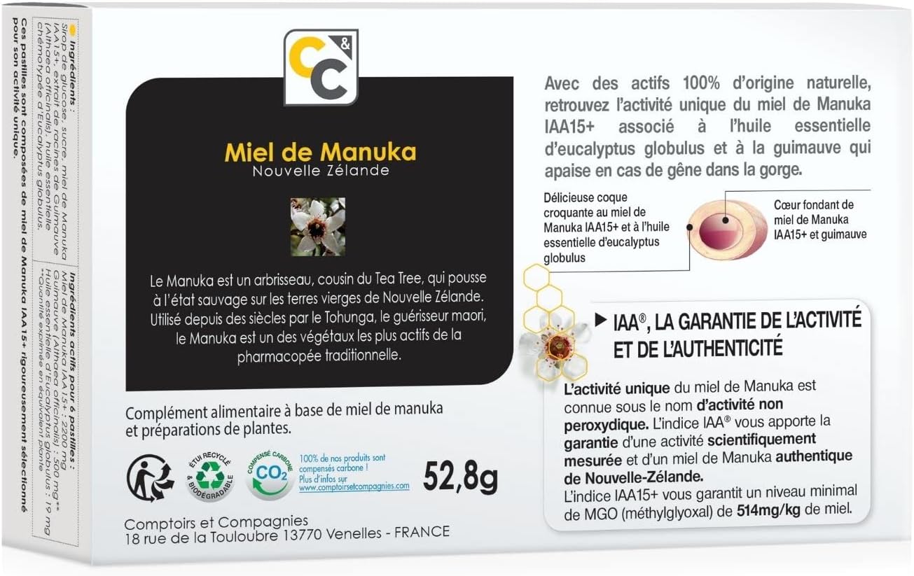 Detalle 2 de Pastilles Coeur Fondant au Miel de Manuka IAA15+ de Comptoirs et Compagnies – 16 pastilles