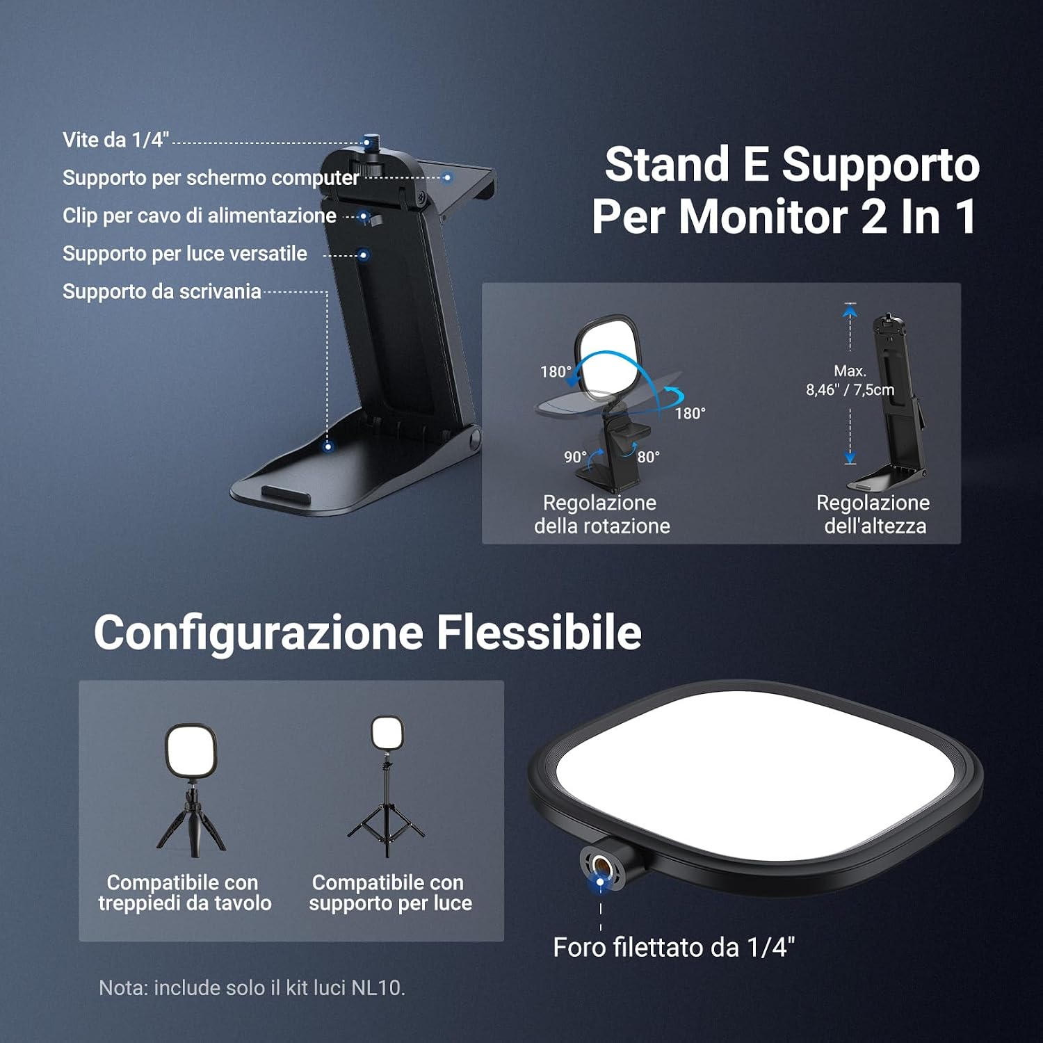 Detalle de NEEWER BASICS NL10: Barra Luce Monitor 5" con Supporto per videochiamate e streaming