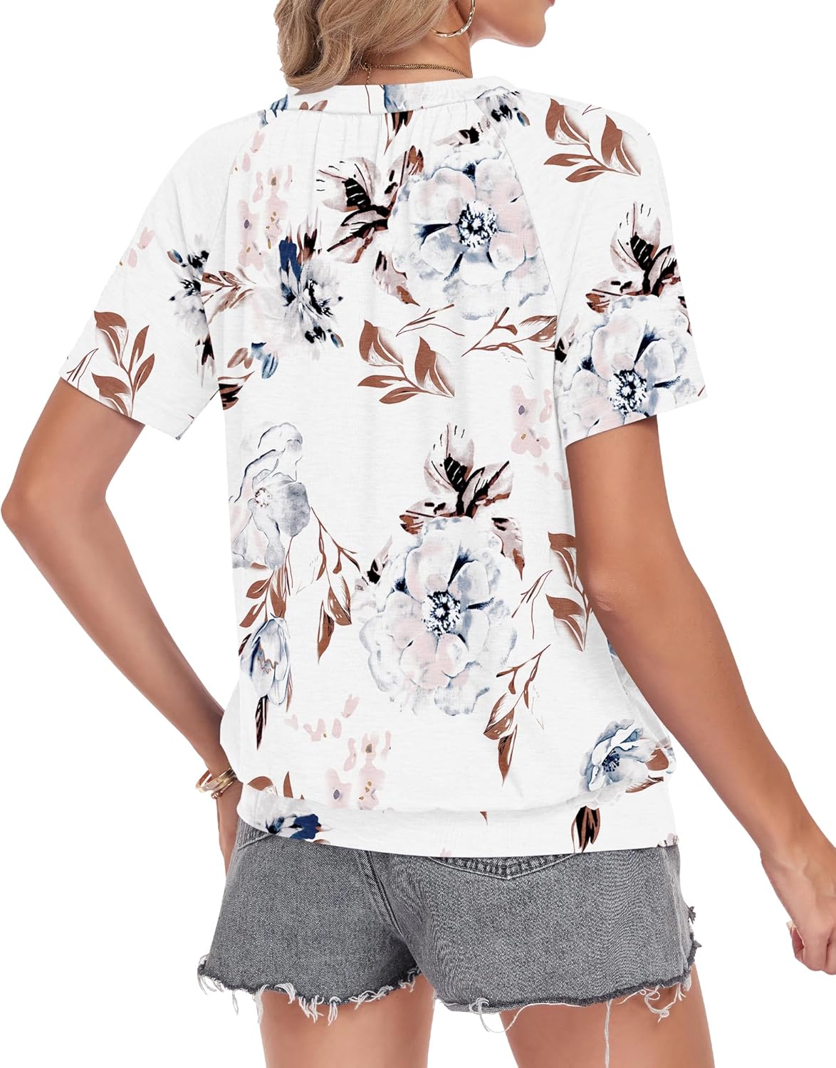 Thumbnail 3 de WNEEDU Damen T-Shirt Sommer – Basic T-Shirt mit V-Ausschnitt, Kurzarm, plissiertes Frontmieder