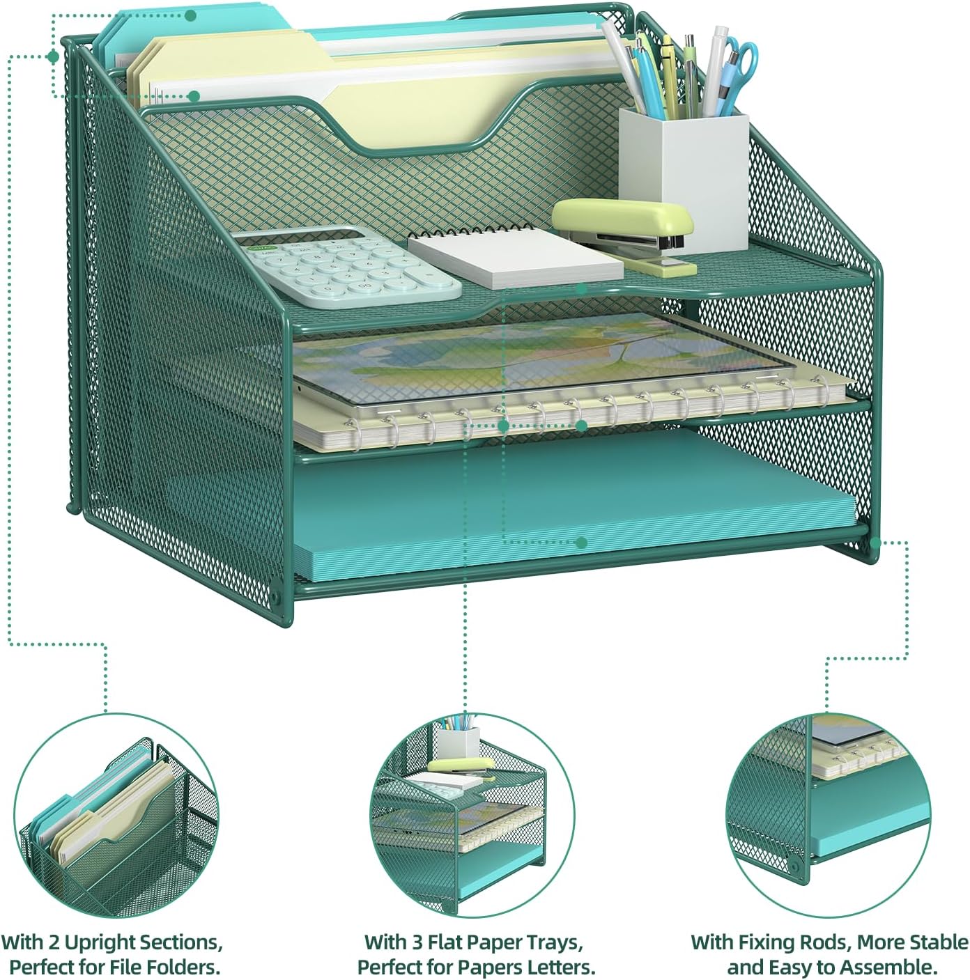 Detalle 1 de Samstar SS-00148 Green Mesh Desk File Organizer with 3 Trays and 2 Upright Sections