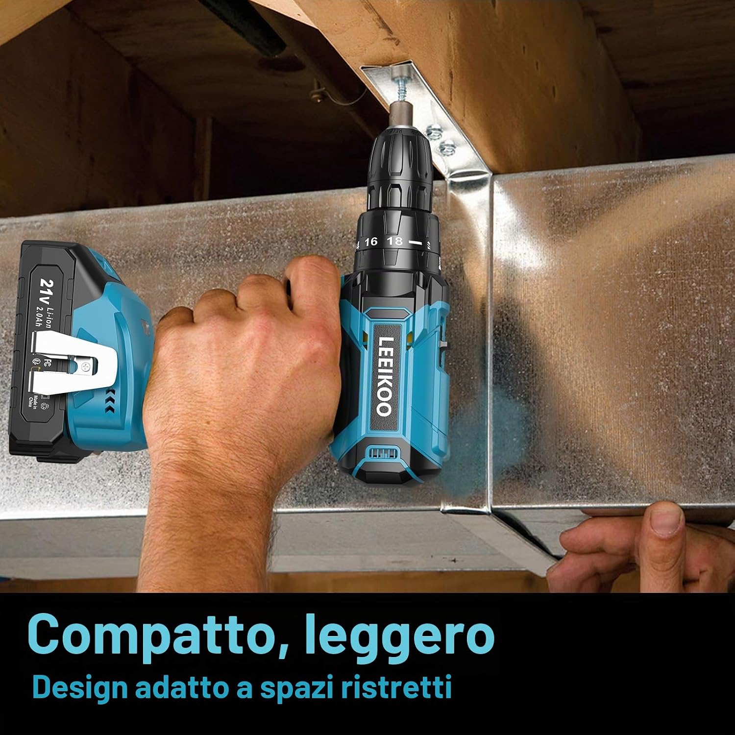 Detalle de Trapano Avvitatore a batteria 21V Leeikoo: 42 N.m, 2 velocità e 20 accessori per DIY casa e giardino