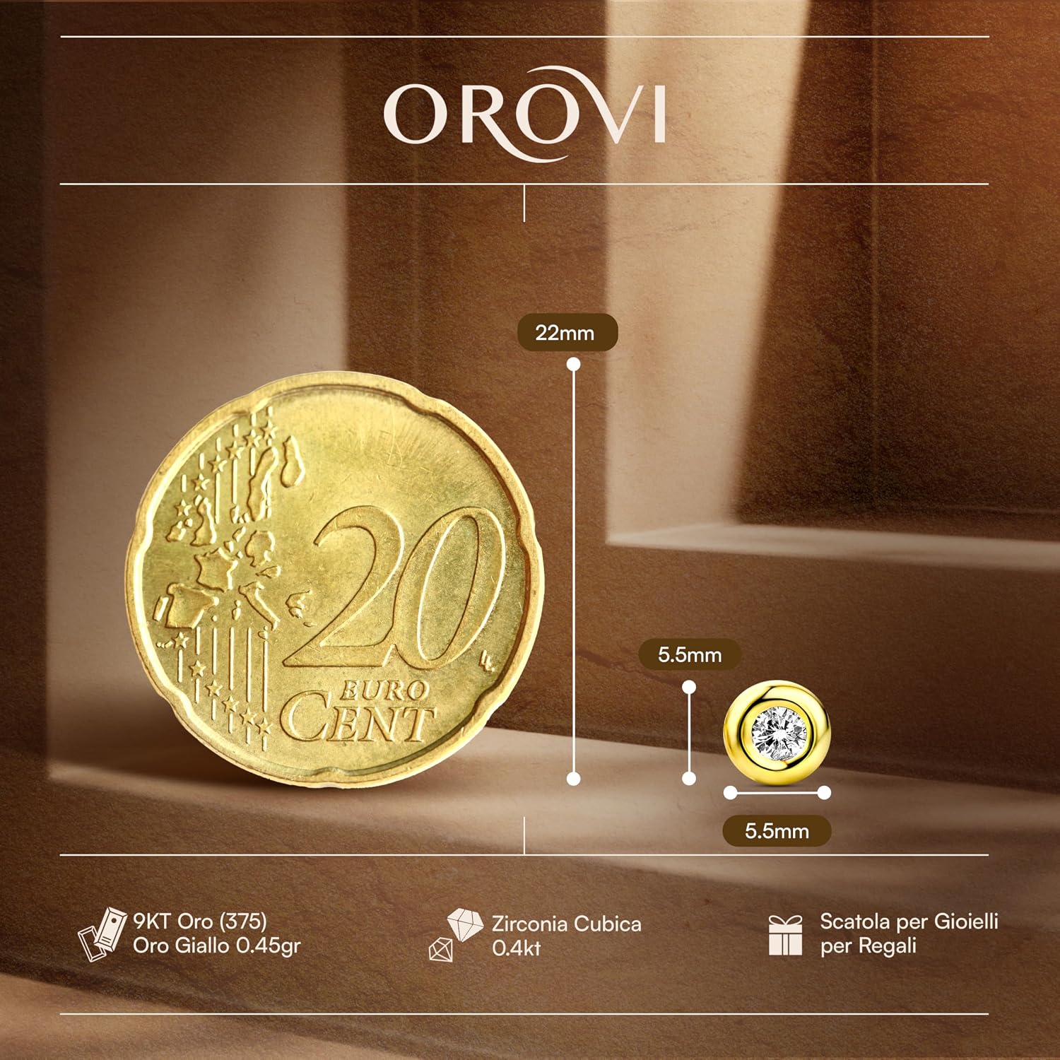 Detalle 2 de Orecchini Orovi con Zirconi 9K Gold 375 - Piccoli a lobo, bordo in Oro Giallo Lucido
