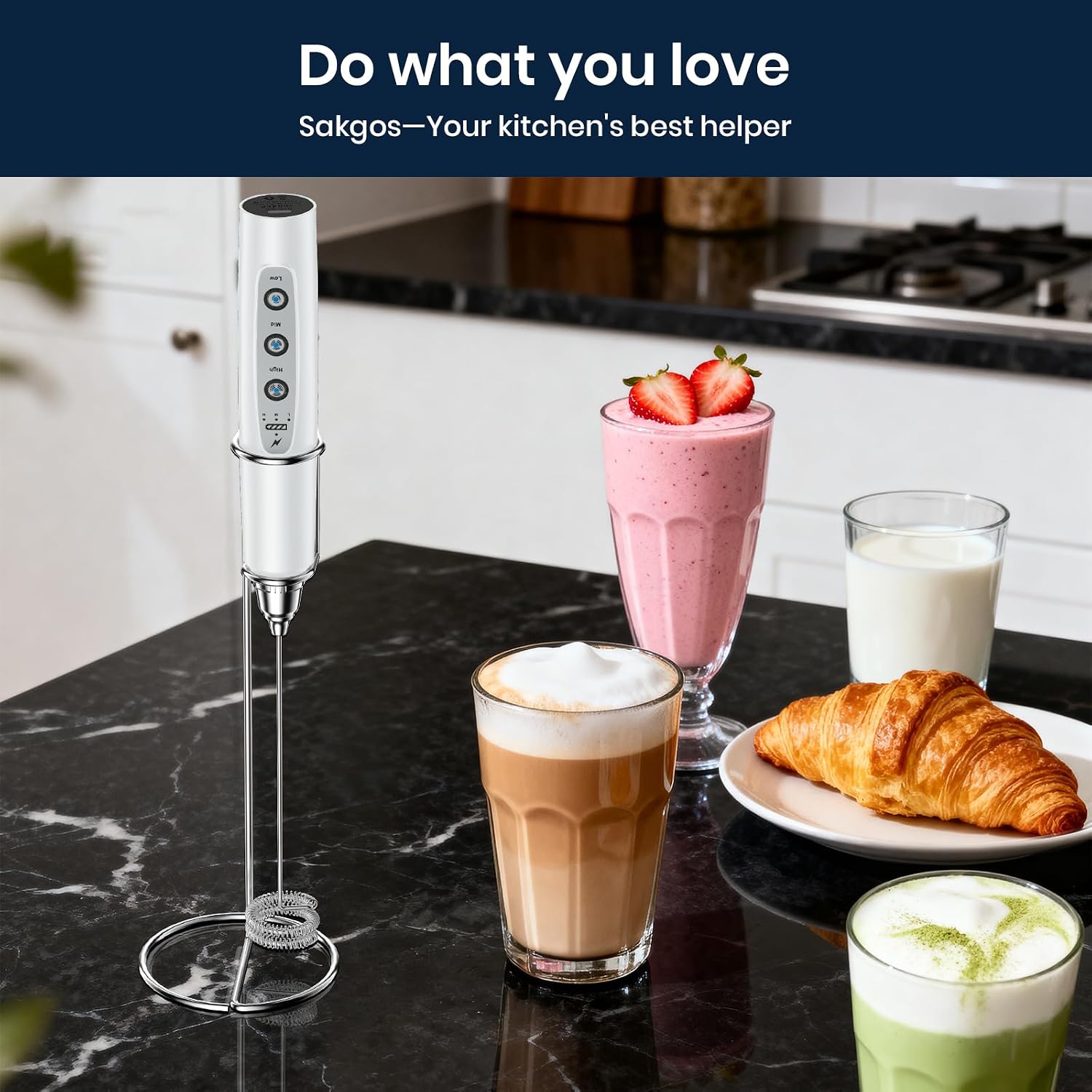 Thumbnail 4 de Sakgos Milk Frother with Stand (Rechargeable Handheld, 3 Stainless Whisks, 3 Speeds)