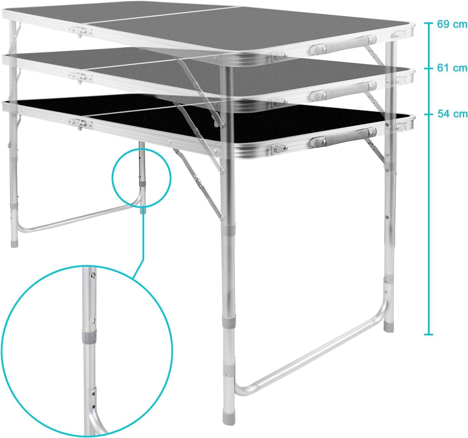 Detalle de Klappbarer Multifunktionstisch 120x60 cm – Höhenverstellbarer Campingtisch & Markt-Tisch aus Aluminiumkanten