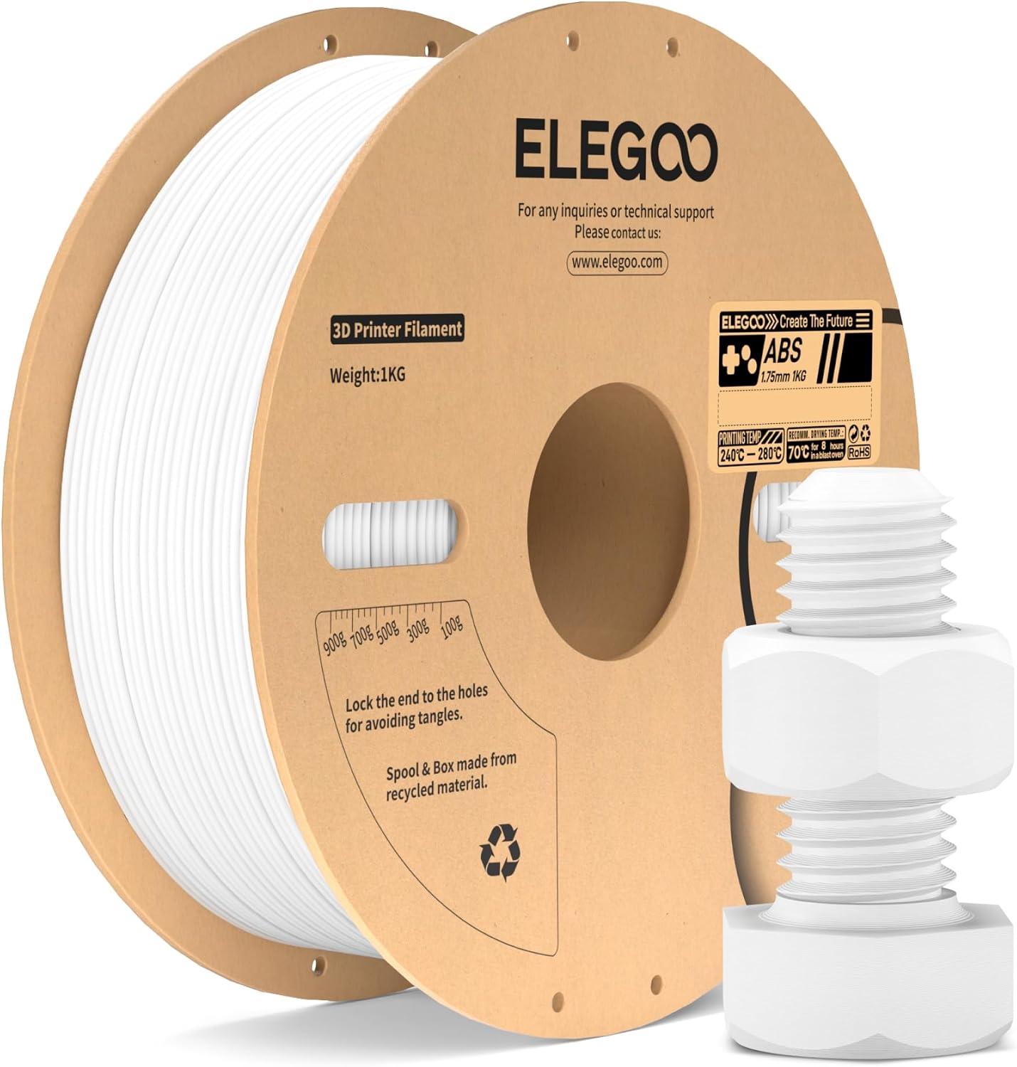 Detalle de ELEGOO ABS Filament 1,75 mm (Weiß) 1 kg – schlagfest, hitze- und wasserbeständig für stabile 3D-Teile