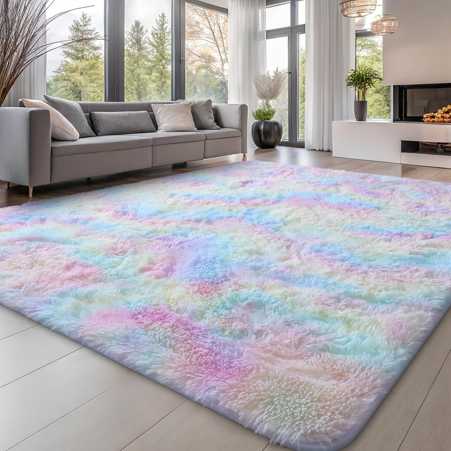 Thumbnail 6 de smiry Hochflor Teppich Wohnzimmer 160x220 Hellgrau