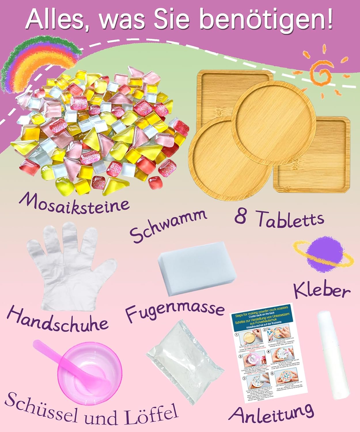 Detalle de Finsink Mosaik Bastelset Kinder – 8 Stück Holzuntersetzer, Mosaiksteine & DIY Zubehör
