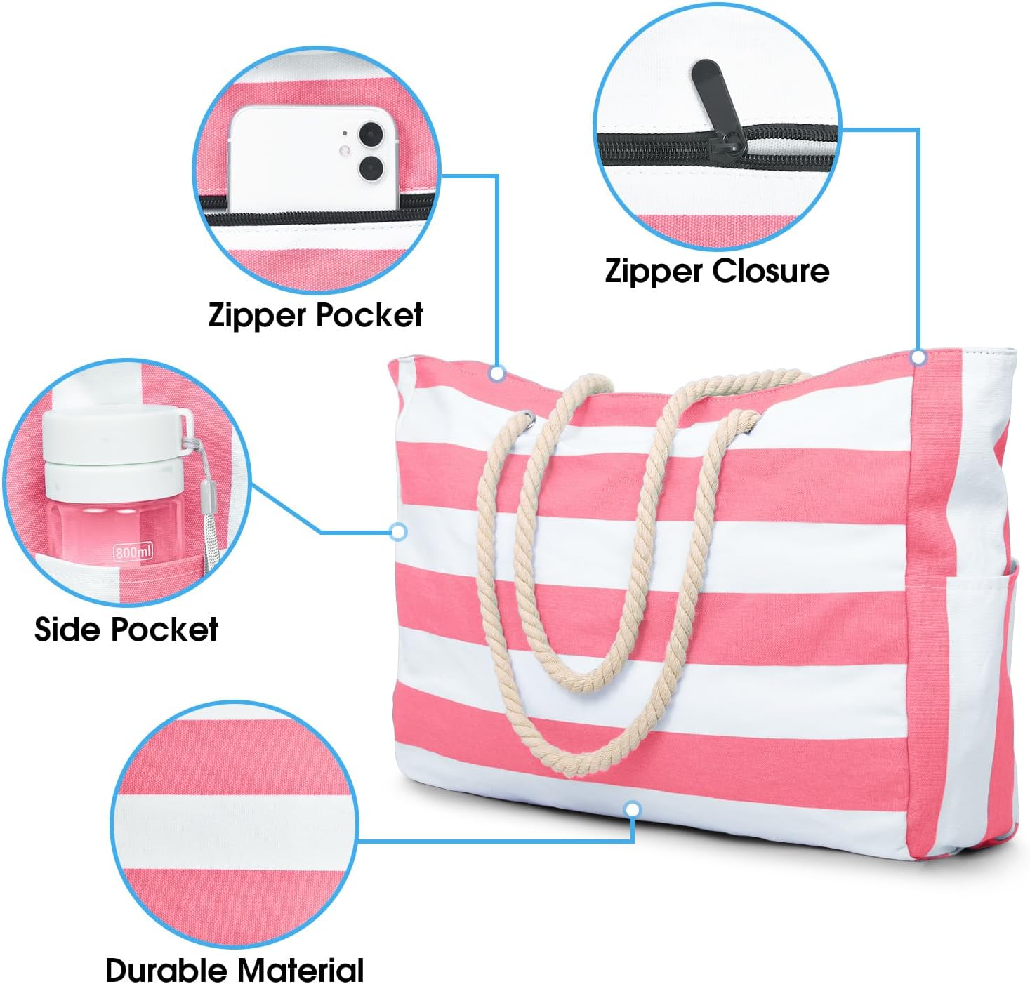 Detalle 2 de oscaurt Large Waterproof Beach Bag with Zip & Rope Handle (Large Tote)