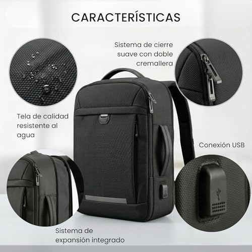 Detalle de Mochila de cabina EDIESI 40x30x20 con USB y expansión, práctica para vuelos y escapadas
