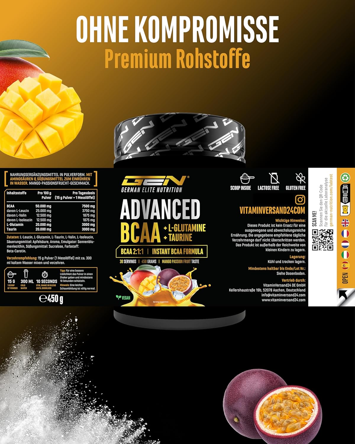 Thumbnail 4 de Advanced BCAA Pulver 450 g – 2:1:1 Aminosäuren mit L-Glutamin & Taurin, vegan, instant & lecker (Mango Passionsfrucht)