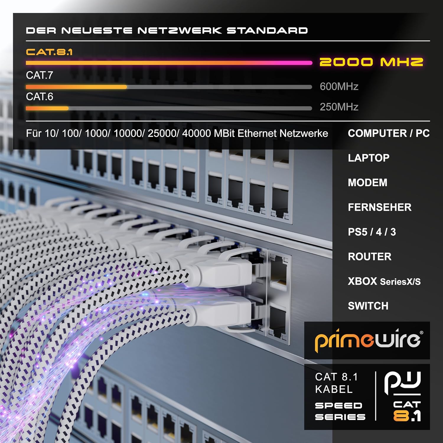 Thumbnail 4 de CSL 20 m CAT 8 Netzwerkkabel – Baumwollmantel, RJ45 Stecker, 40 Gbit/s, S/FTP PIMF, weiß