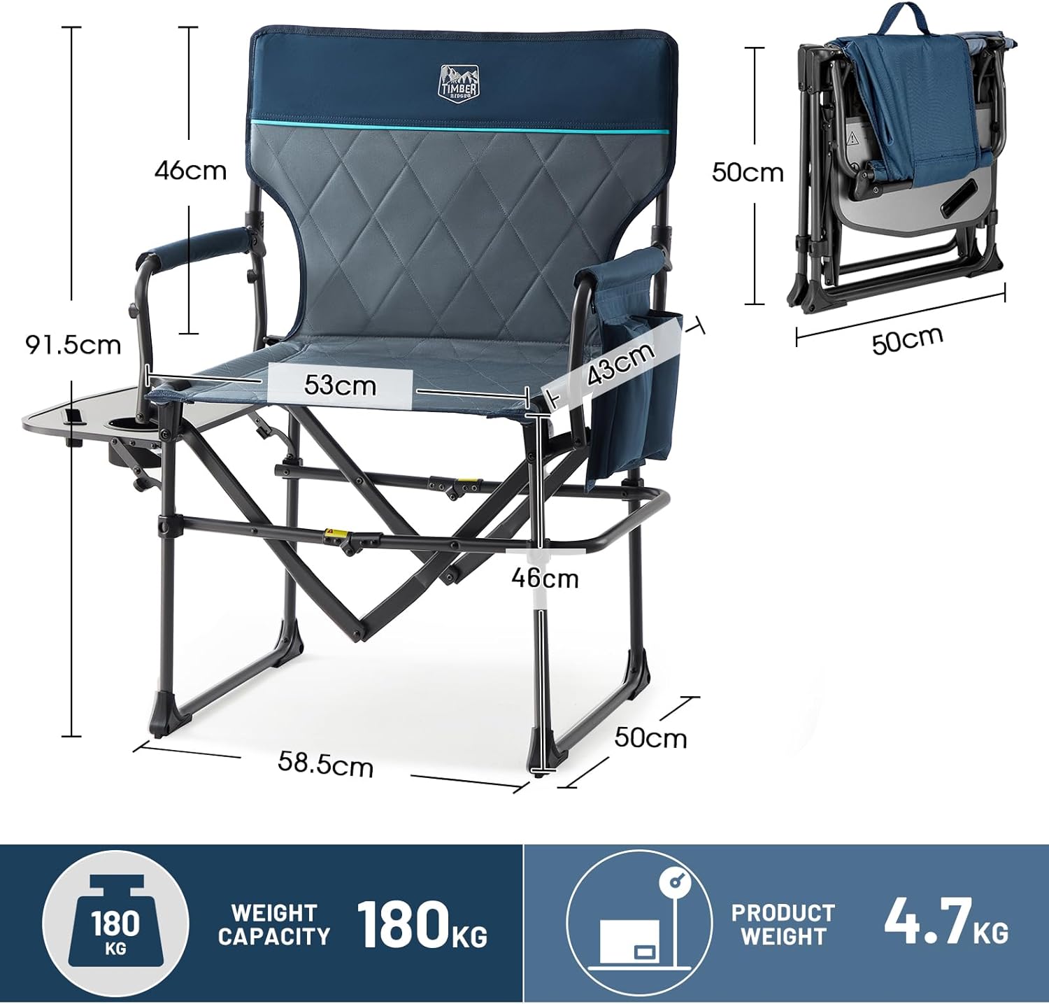 Thumbnail 1 de TIMBER RIDGE Folding Camping Chair for Adults (180kg) with Side Table & Cup Holder – Blue, 2 pcs