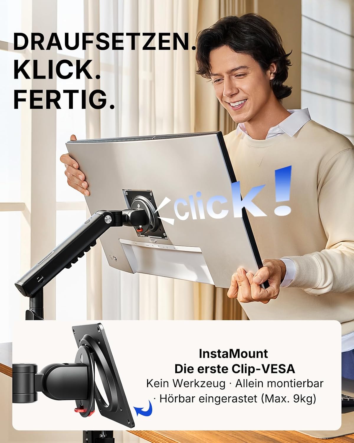 Detalle de HUANUO MonitorHalterung 2 Monitore für 13–32 Zoll – FlowLift Pro mit MechaSpring, werkzeugloser InstaMount, ACA-empfohlen