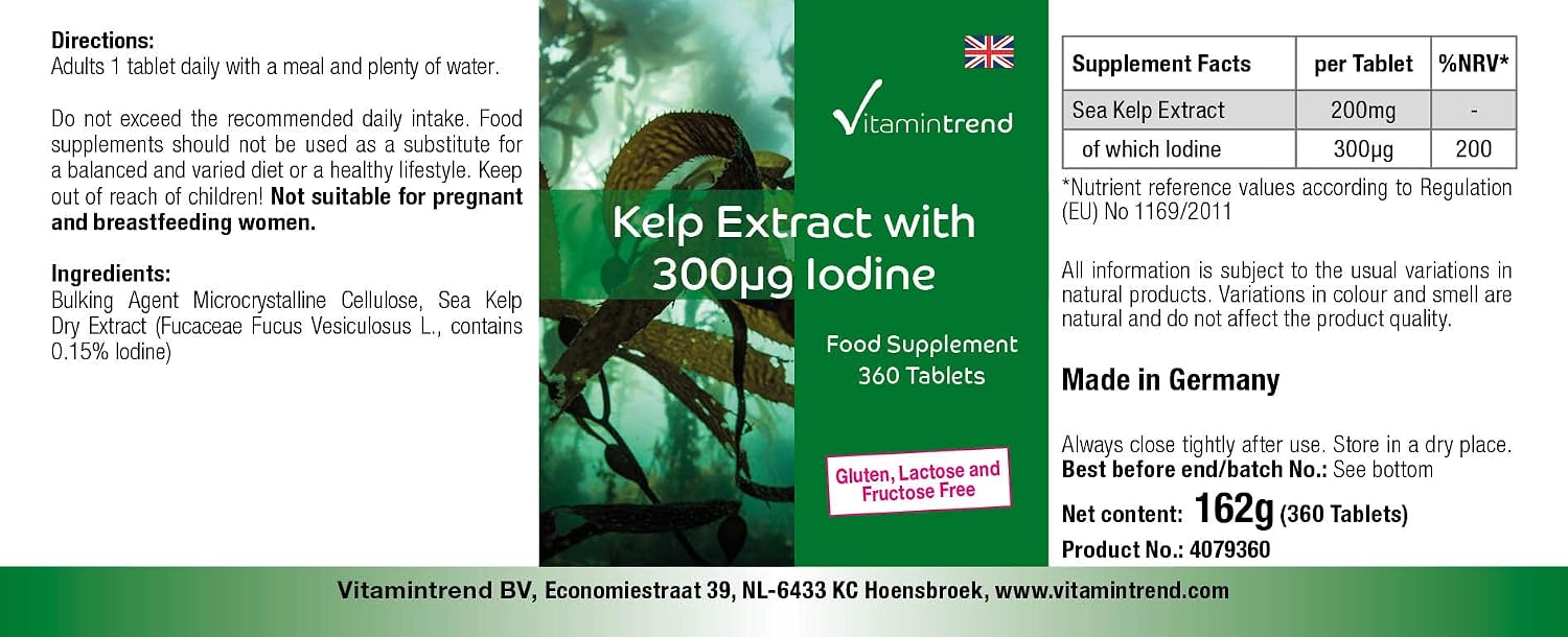 Detalle de Vitamintrend Kelp Extrakt mit 300 µg Jod – vegan, 360 Tabletten, hergestellt in Deutschland
