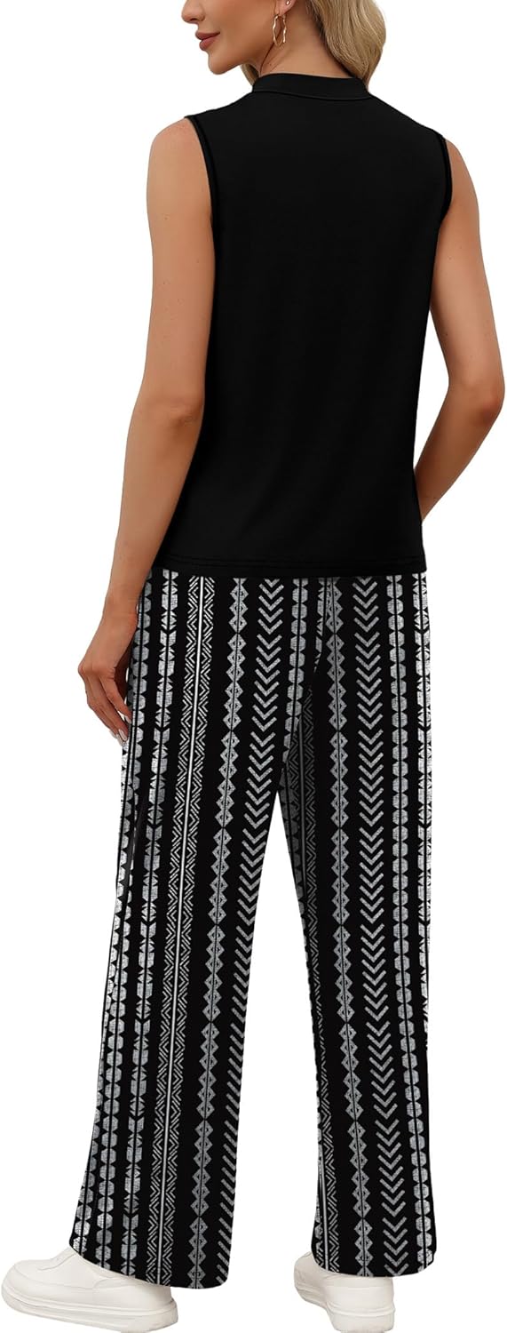 Thumbnail 3 de WIHOLL Two Piece Set for Women: Sleeveless Mock Neck Top and Wide-Leg Printed Pants