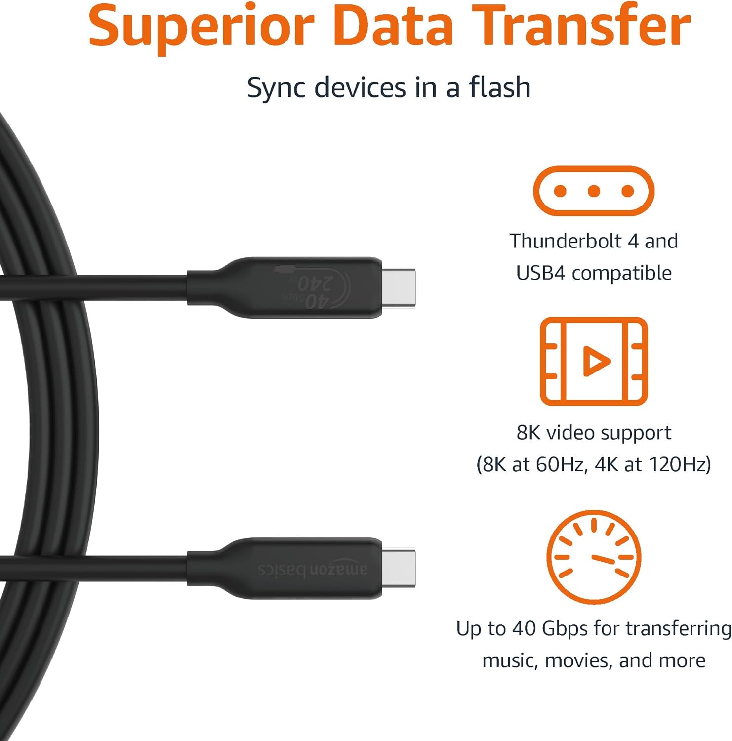 Thumbnail 1 de Amazon Basics USB-C to USB-C 4 Fast Charger Cable (1 m, 40Gbps, 240W) – USB-IF certified, Thunderbolt 4/3 compatible
