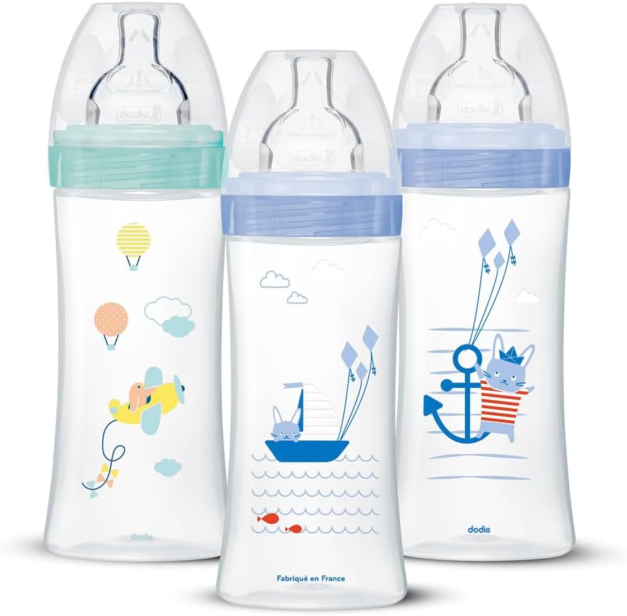 Detalle de Lot de 3 biberons anti-colique Dodie Garçons Sensation plus – 330 ml, +6 mois, tétine plate débit 3