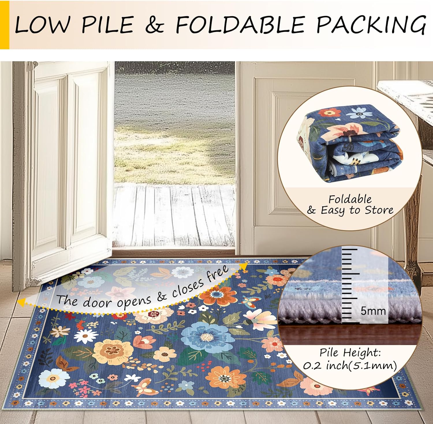 Thumbnail 4 de RELEANY Floral 5x7 Area Rug — Machine Washable, Non-Slip, Low-Pile Boho Floral