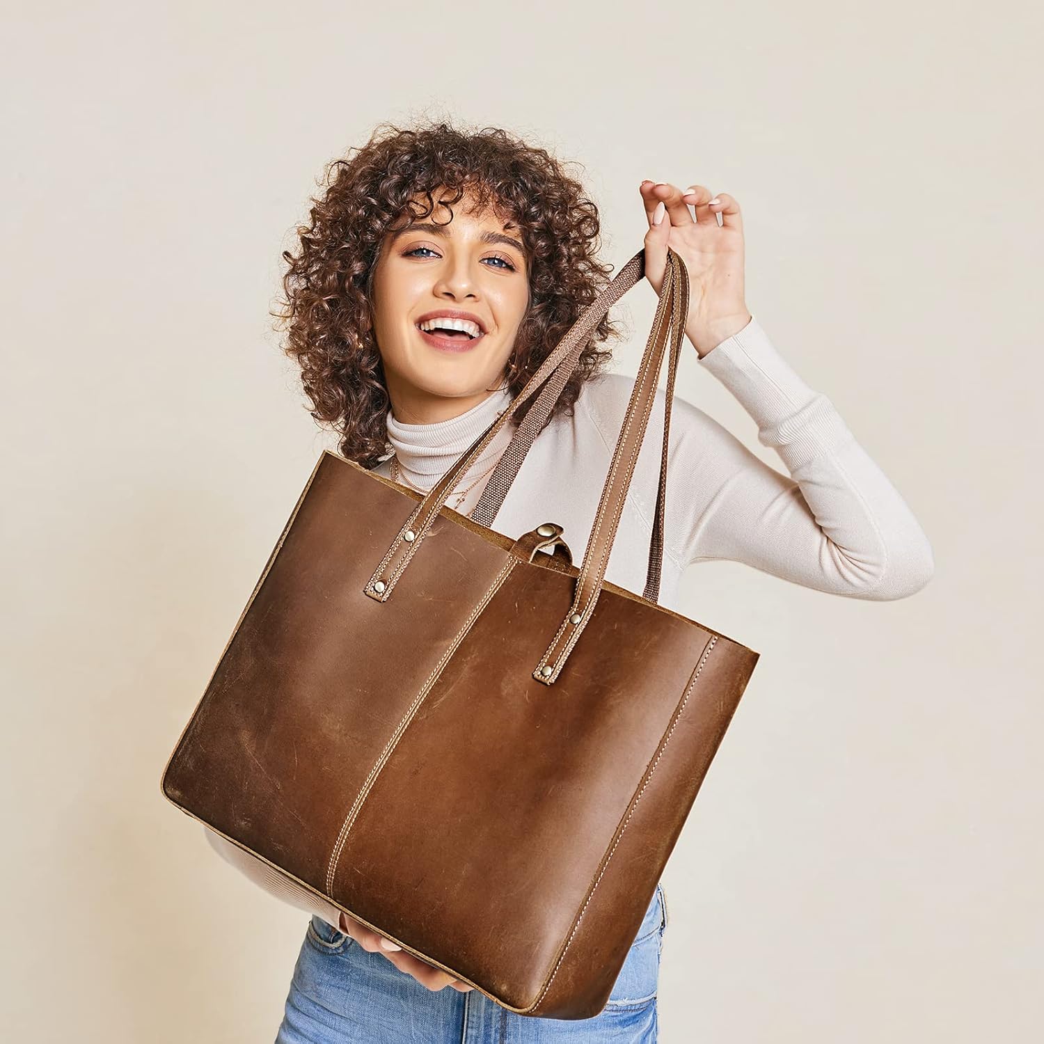 Detalle 2 de S-ZONE Femme Sac à Main Vintage Crazy Horse Cuir Grand Shopper – polyvalent et organisé