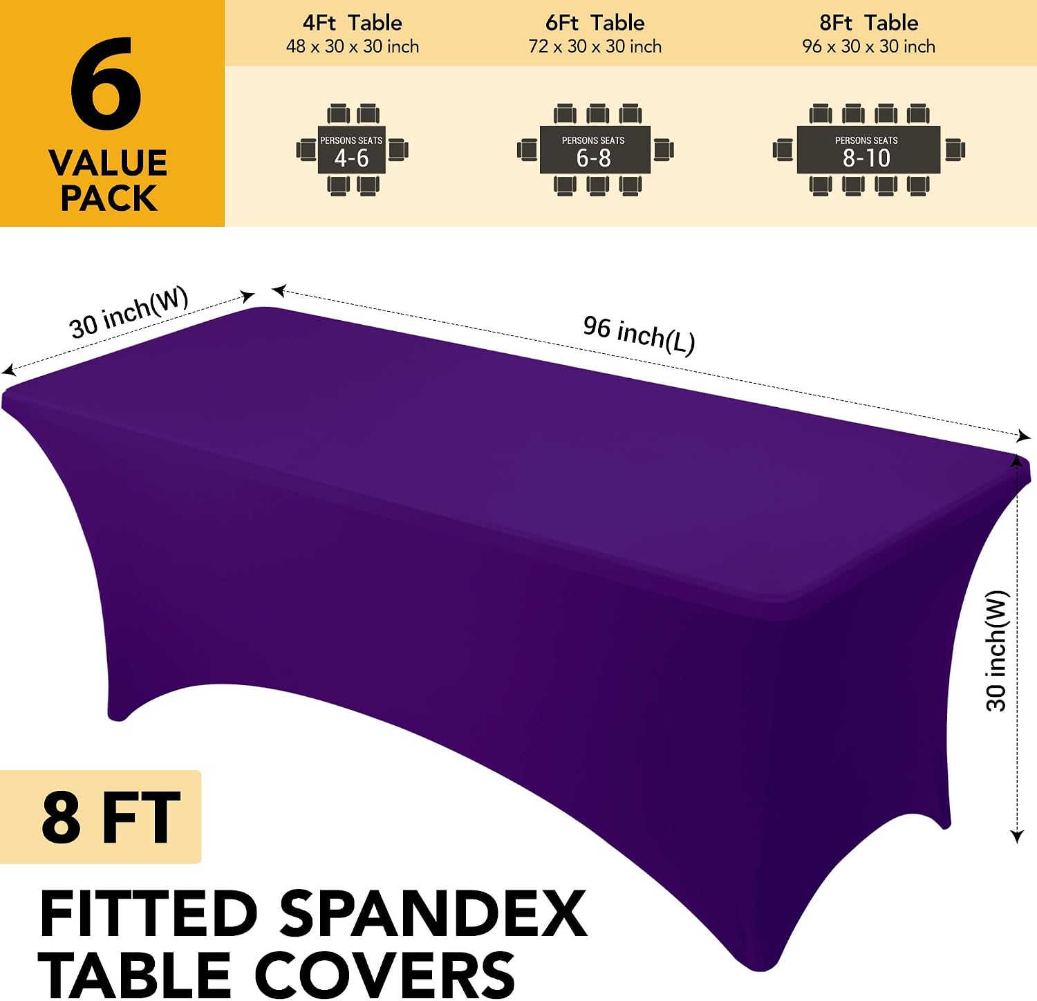 Detalle 2 de Dailyset 6-Pack Premium Purple Spandex Tablecloths for 8ft Rectangular Tables