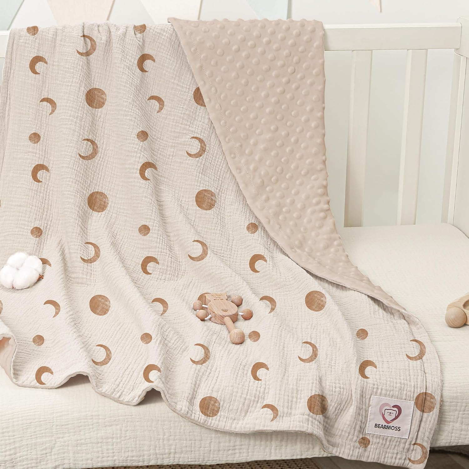 Thumbnail 3 de Bearmoss Baby Blanket Soft Nursery Crib Blanket with Muslin Cotton Front and Dotted Fleece Back, 76x100cm (Brown Moon)