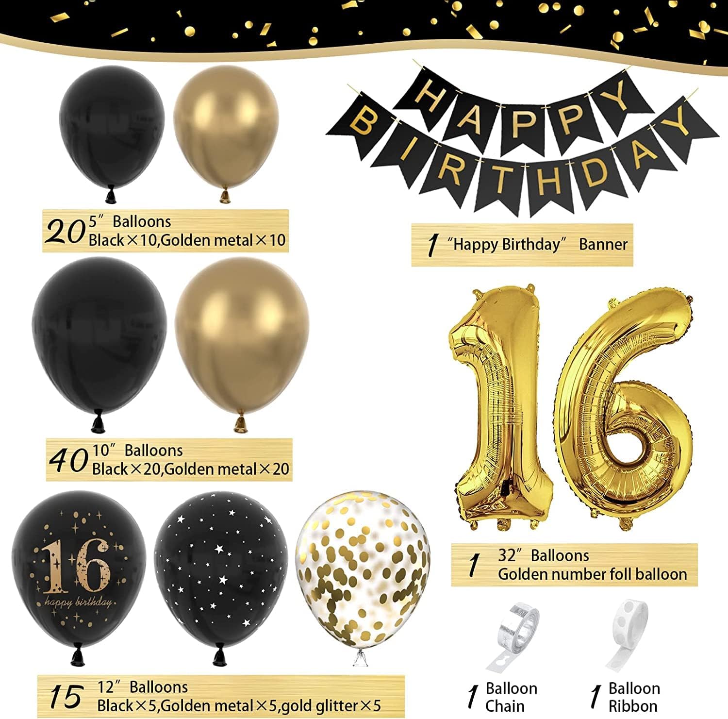 Detalle 2 de 16 Geburtstag Deko-Set Schwarz-Gold für Jungen und Mädchen – Ballonbogen, Girlande & Konfetti-Ballon