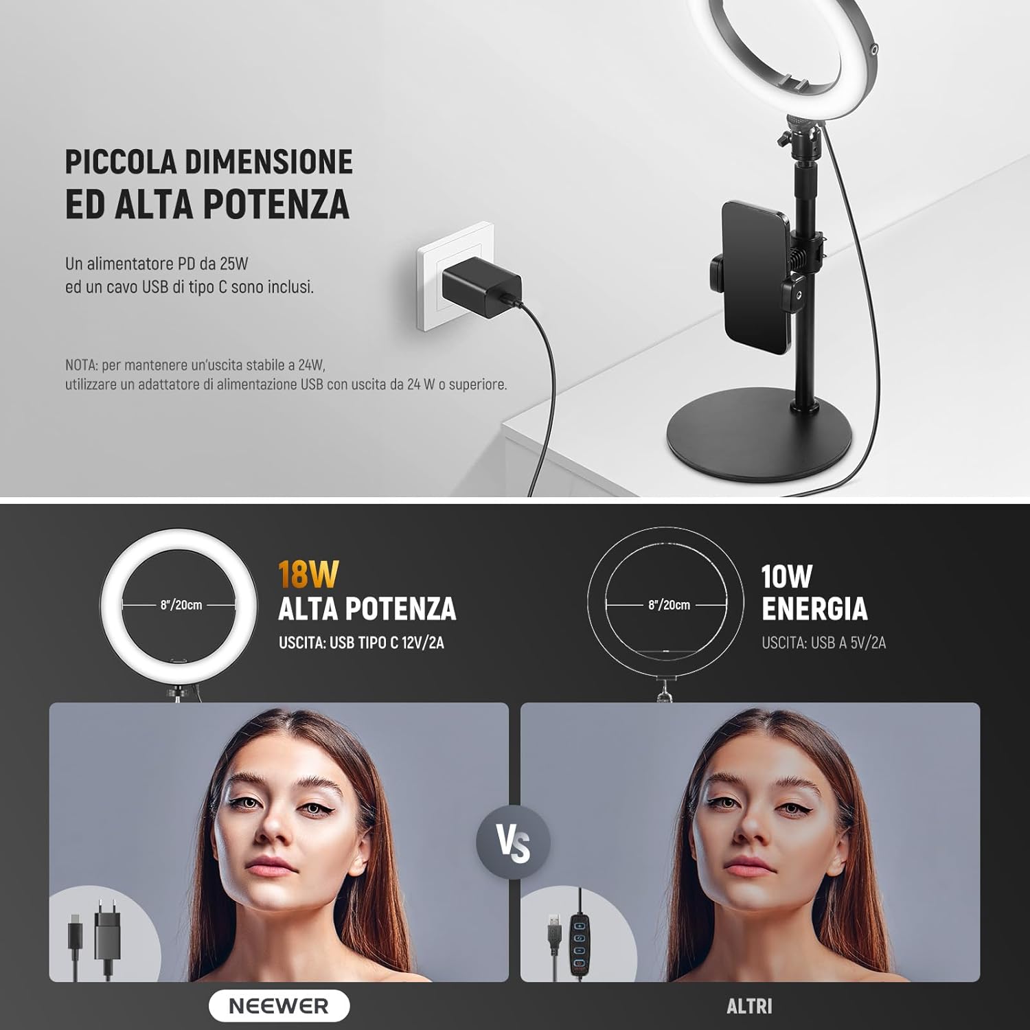 Thumbnail 4 de NEEWER RH8B ring light da tavolo 8” 18W con CCT dimmerabile, 12 effetti e supporto 360°