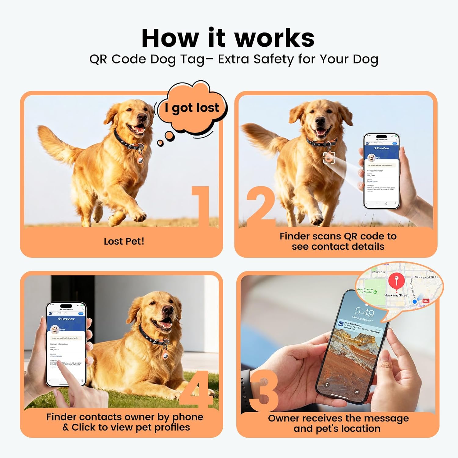 Thumbnail 6 de PawView leather dog collar with AirTag holder (QR code) – adjustable breathable PU lining in orange (medium)