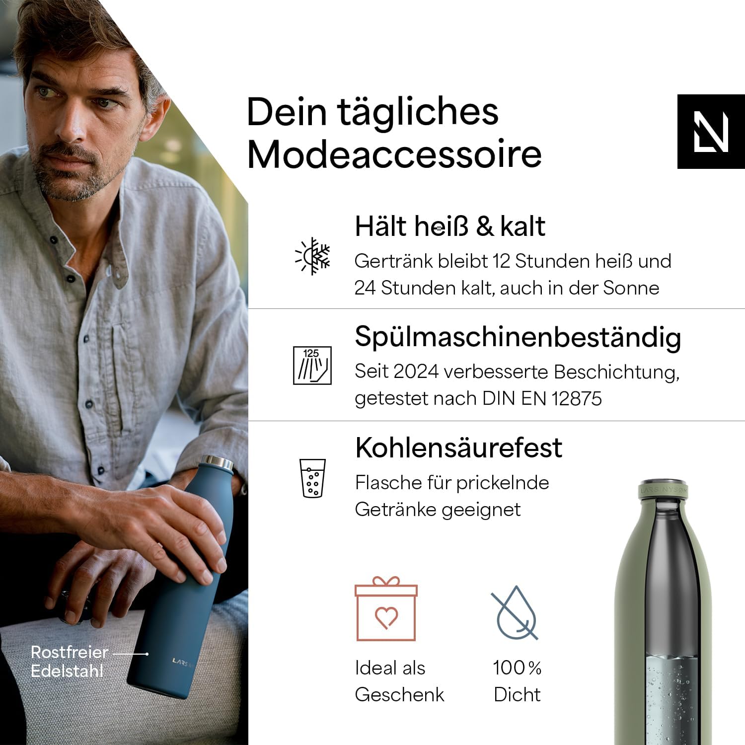 Detalle 2 de LARS NYSØM Edelstahl-Trinkflasche „Ren“ XL 1.500 ml (Sage Green) – Thermosflasche für unterwegs, kohlensäuregeeignet