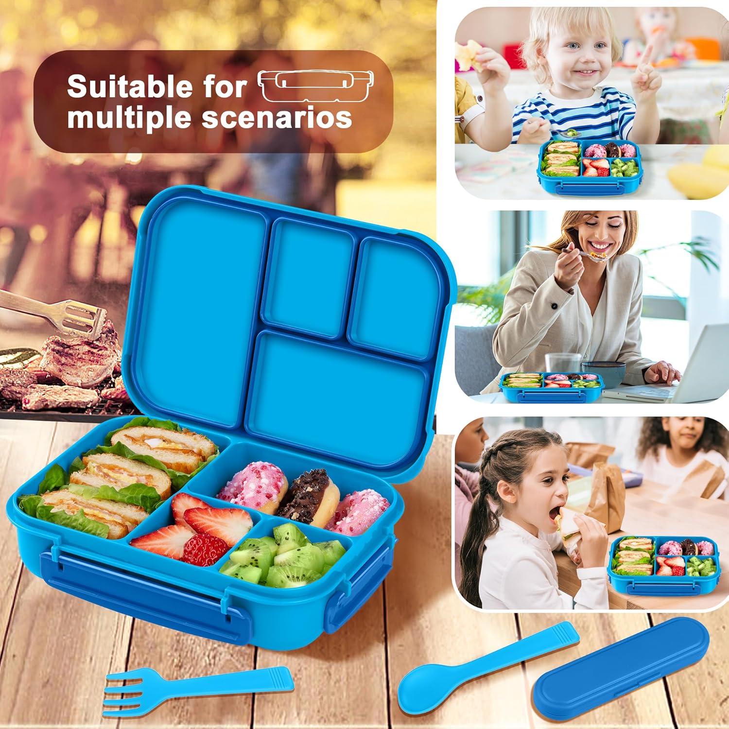 Detalle de Amathley Lunch Box: 1200ml 4-Compartment Bento for Kids and Adults