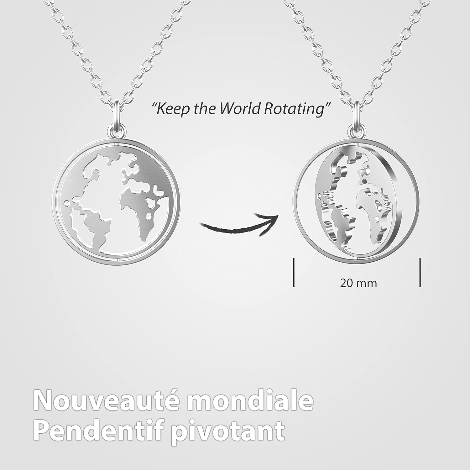 Thumbnail 1 de BONNYBIRD Collier en acier inoxydable pour femme carte du monde à pendentif rotatif