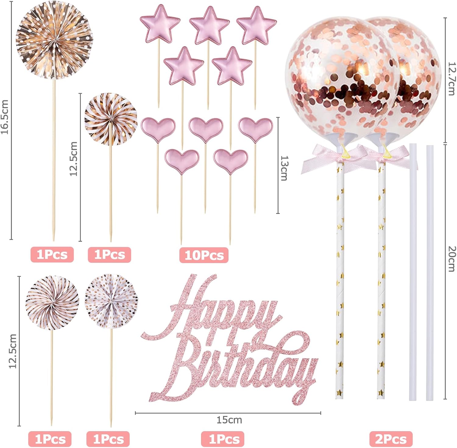 Thumbnail 1 de BillyBath 17 pièces “Happy Birthday” décoration de gâteau or rose (ballons, cœurs et étoiles)