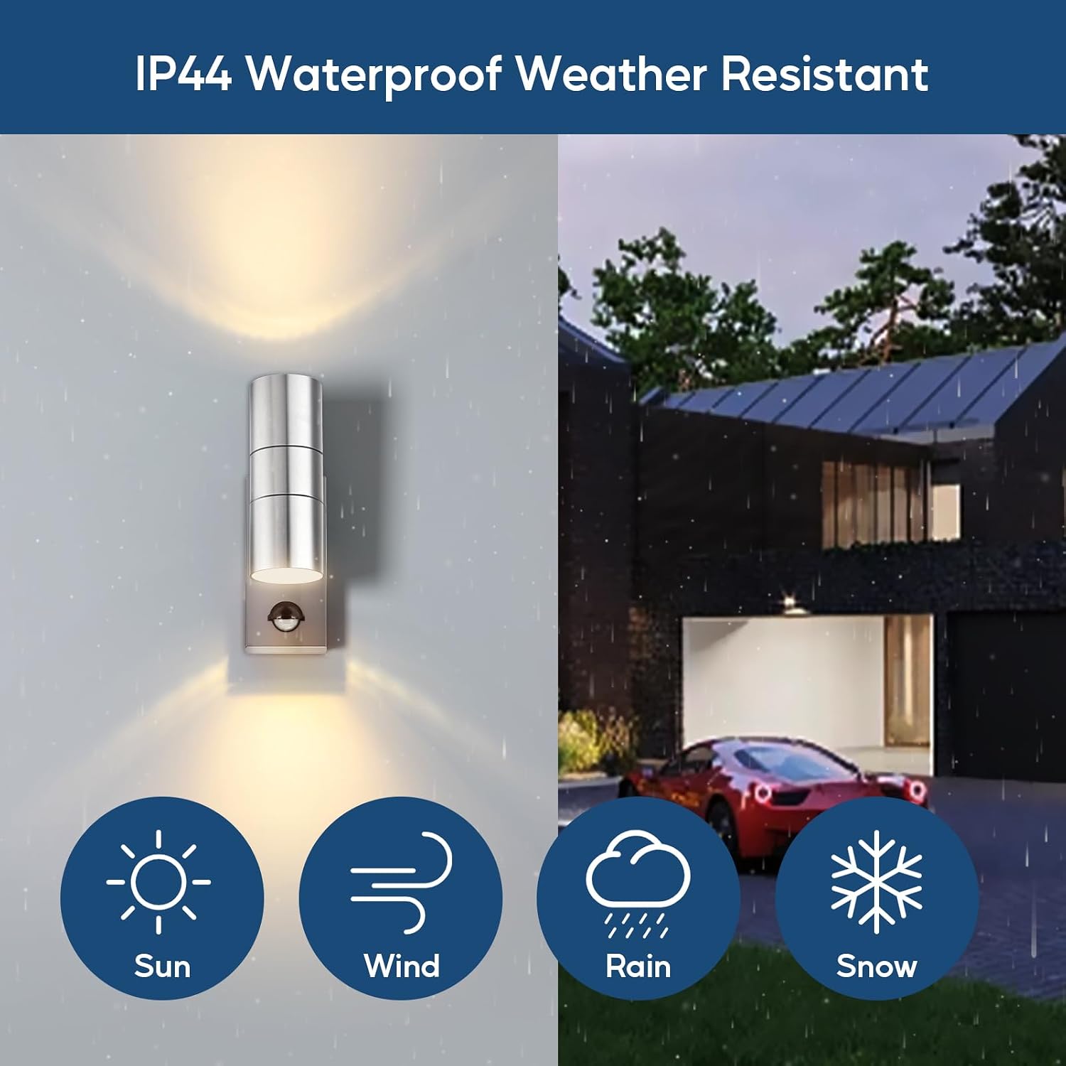Detalle 2 de Kerry Outdoor Wall Light with Sensor — Mains Powered, Up & Down Light, Silver Stainless Steel