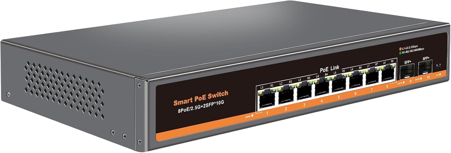 Detalle de Commutateur PoE Non géré 2,5 Gb/s 8 ports + 2 ports SFP+ 10 Gb/s, métal, sans ventilateur