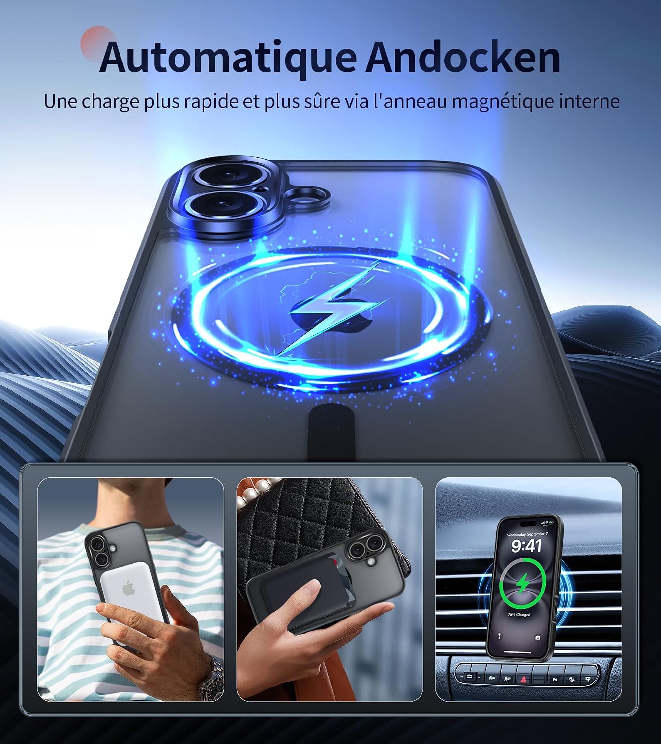 Detalle de FLLAO Cover magnetica iPhone 16 traslucida opaca 2 pellicole