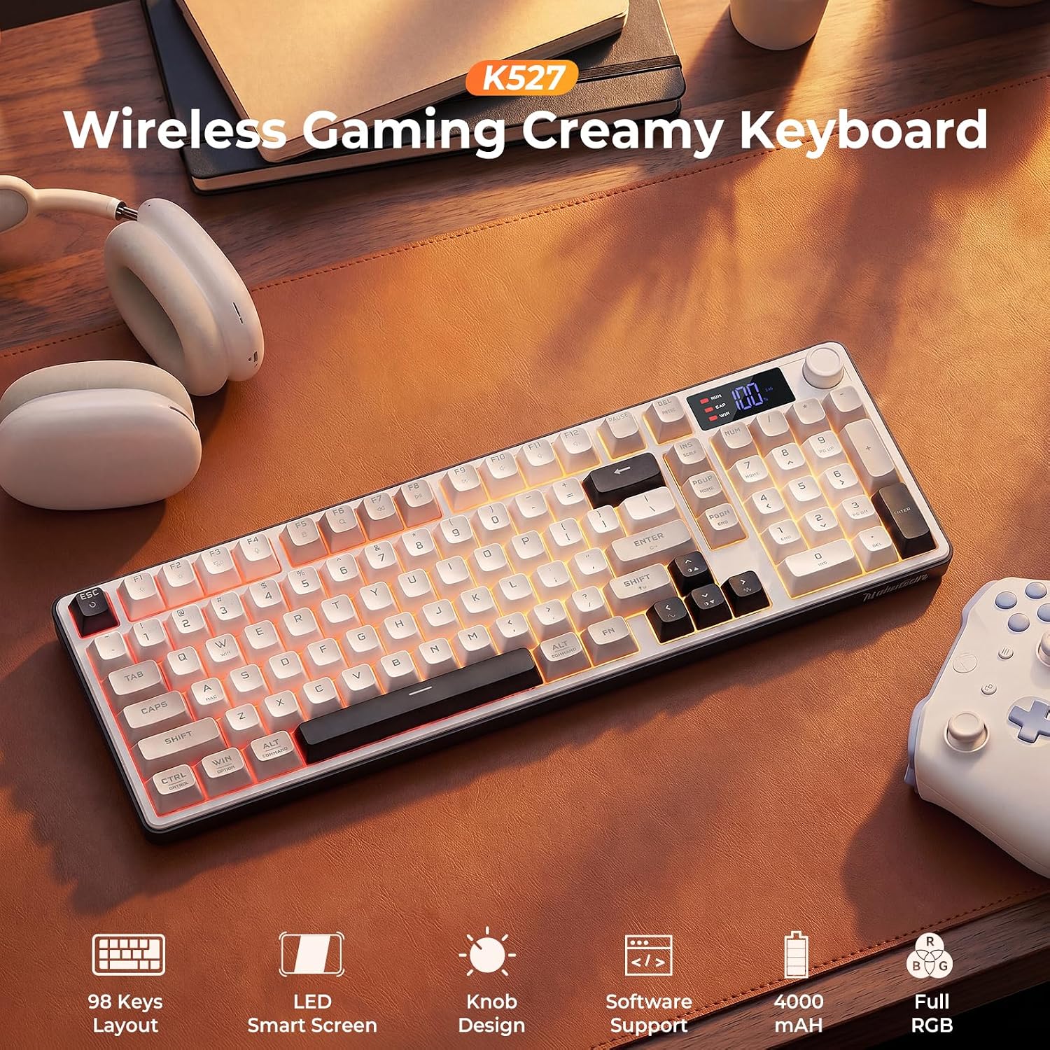 Detalle 2 de Redragon Wireless Gaming Keyboard, 98-Key Tri-Mode with Knob & Display (White Gray)