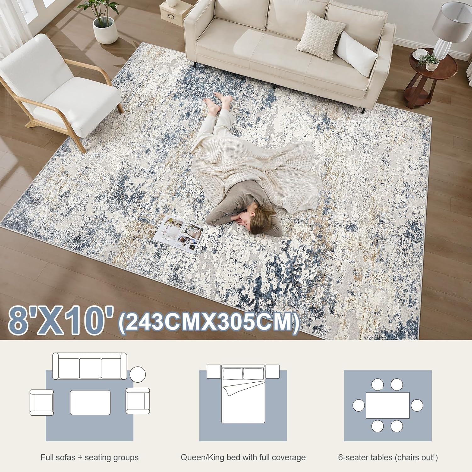 Thumbnail 4 de DMOYEST 8x10 Abstract Low Pile Area Rug (Neutral Beige Blue) — Soft, Washable Indoor Carpet