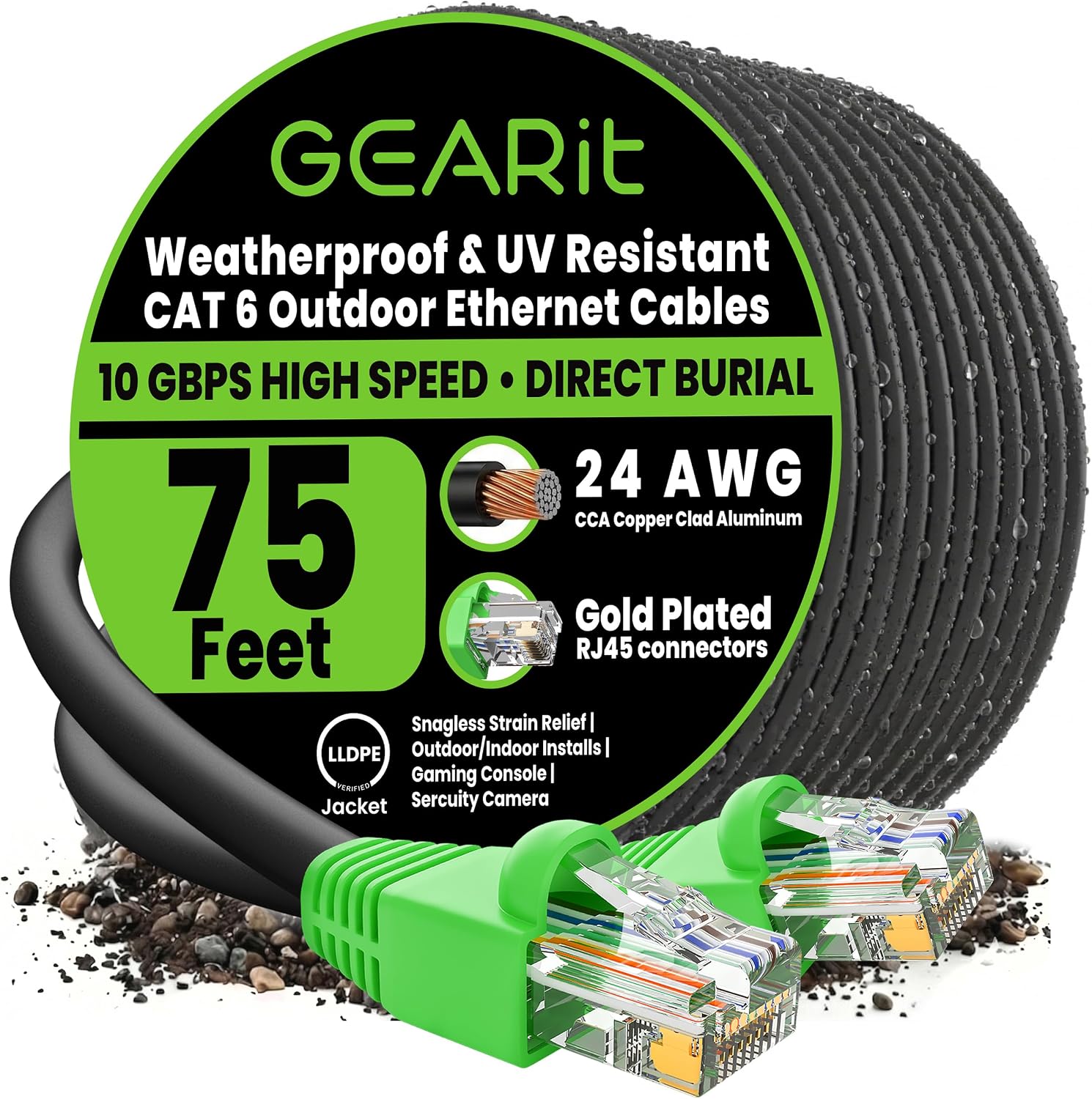 Detalle de GEARit GI-CAT6-CCA-OUT-LDPE-BK-75F Cat 6 Outdoor Ethernet Cable, 75 ft